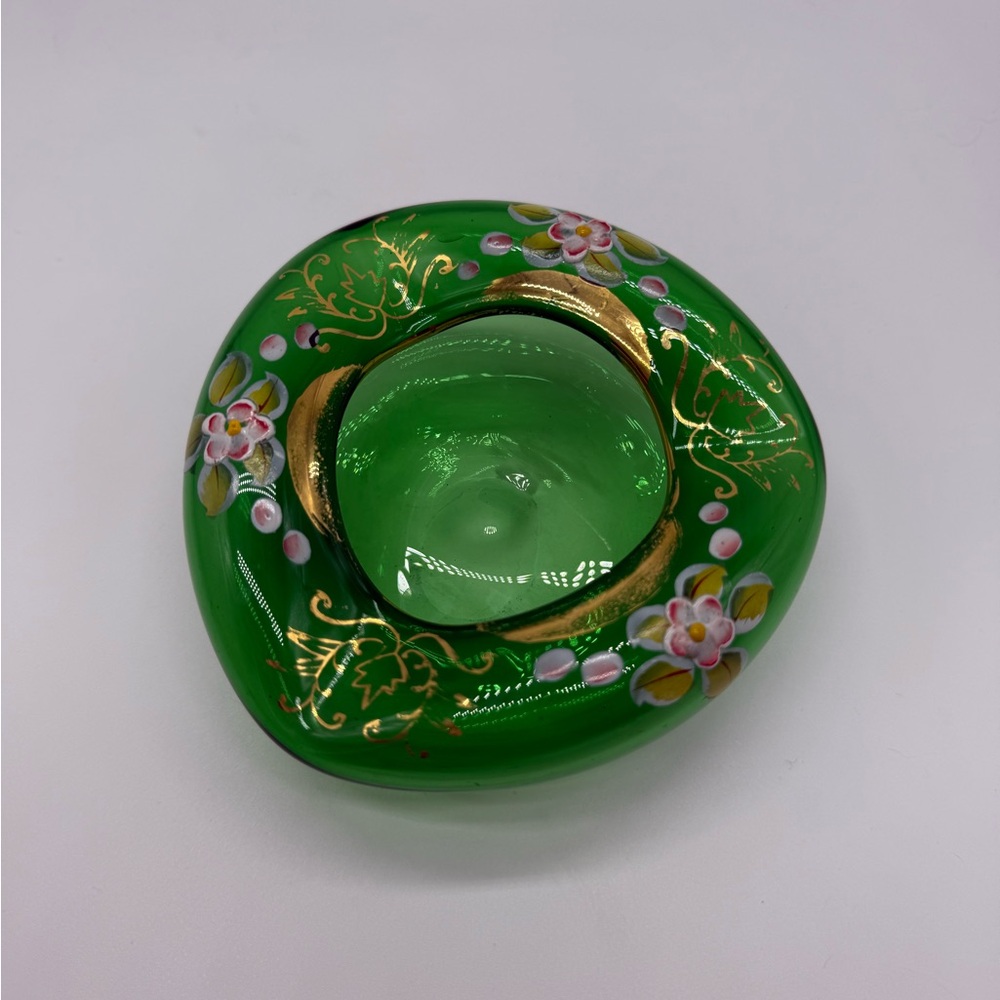Elegant Green Glass Hand Painted Floral Decorative Bowl